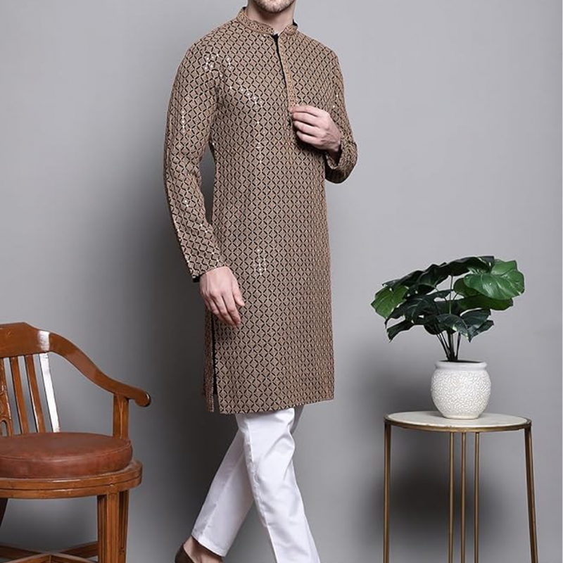 Mens Sequin Embroidered Pure Cotton Kurtas